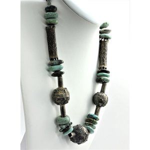 ANTIQUE 925 STERLING Moroccan  Berber necklace turquoise 20"  117.9 grams